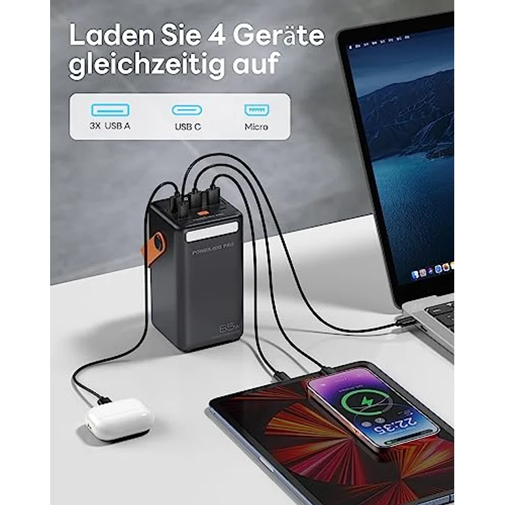Powerbank PD 65W 50000mAh USB C Externer Akku Tragbare Powerstation mit LED Display Schnellladung für Laptop MacBook Tablet Handy Samsung für Reise, Camping, Outdoor– Schwarz – Bild 5