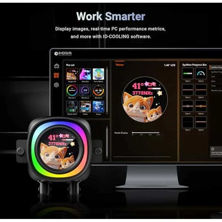 ID-COOLING FX360 LCD PE, AIO Flüssigkeitskühler mit 1,48 Zoll Vollfarb-LCD-Display, ARGB-Ring, 396 mm Kühler und 350 W TDP, für Intel und AMD – Bild 3