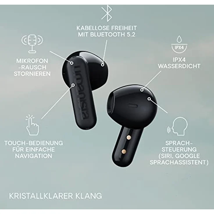 Urbanista Copenhagen True Wireless In Ear Kopfhörer Bluetooth 5.2, Touch-Bedienung Earbuds & Noise Cancelling Mikrofon, 32 Std. Spielzeit, USB C Ladecase, IPX4 Wasserabweisend, Mitternachtsschwarz – Bild 3