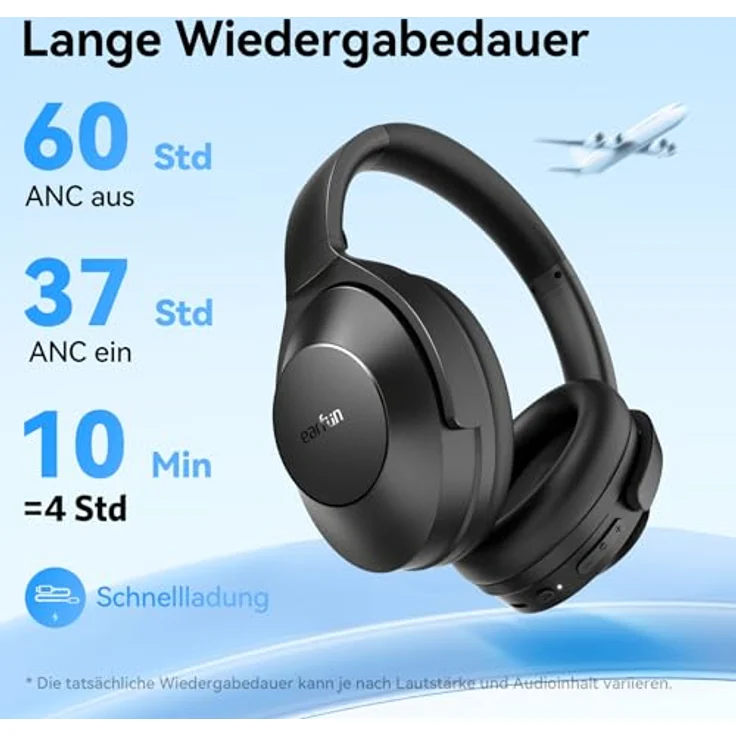 EarFun Wave Life Over-Ear Noise Cancelling Kopfhörer, Kabellos, Bluetooth 5.4, Hi-Res Klang, 60 Std Akku, 4 HD-Mikrofone, EQ in App, Leicht, Schwarz – Bild 5