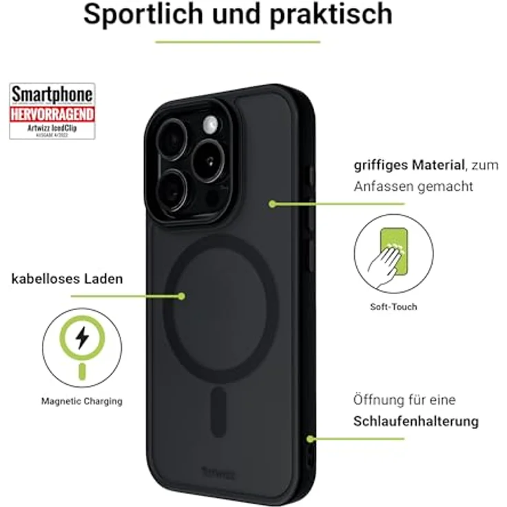 Artwizz IcedClip +Charge Hülle kompatibel mit iPhone 15 Pro - Mattes Vereistes Design, Rückseite mit Soft-Touch, Stoßfeste Schutzhülle, Night-Black – Bild 2