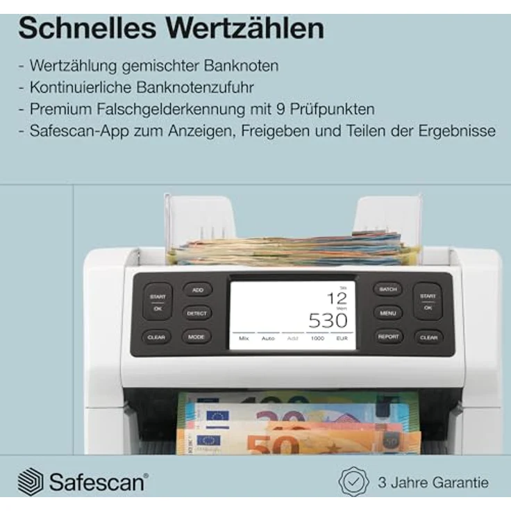 Safescan Banknotenzähler 2865-SC, 100% Falschgelderkennung, bis zu 1.200 Banknoten/min, inkl. Bluetooth App – Bild 2