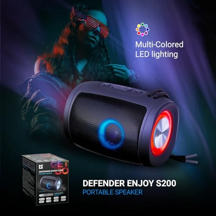 Defender Enjoy S200, Tragbarer 5W Bluetooth Lautsprecher mit TWS, LED-Licht, FM-Radio, USB, MicroSD, Mikrofon und 10h Akku – Kabelloser Mini Speaker mit Griff – Bild 2
