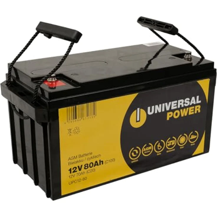 Universal Power UPC12-80 12V 80Ah AGM Solarbatterie Wohnmobilbatterie, Rüttelfest, schnellladend, kältebeständig, wartungsfrei - in Schwarz – Bild 5