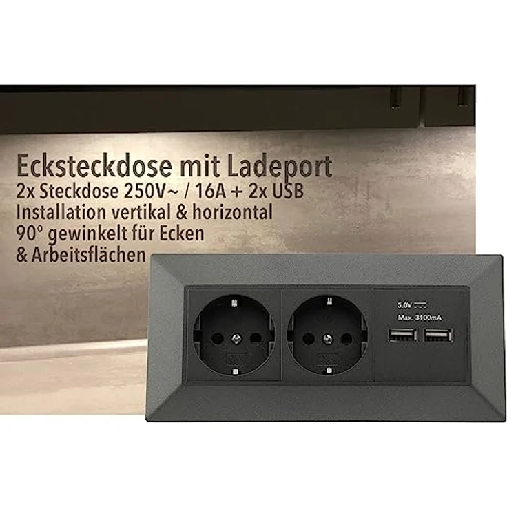 ChiliTec Steckdosenblock Ecksteckdose 2-fach Schwarz, 2x USB-A 3,1A, erhöhter Berührungsschutz – Bild 2