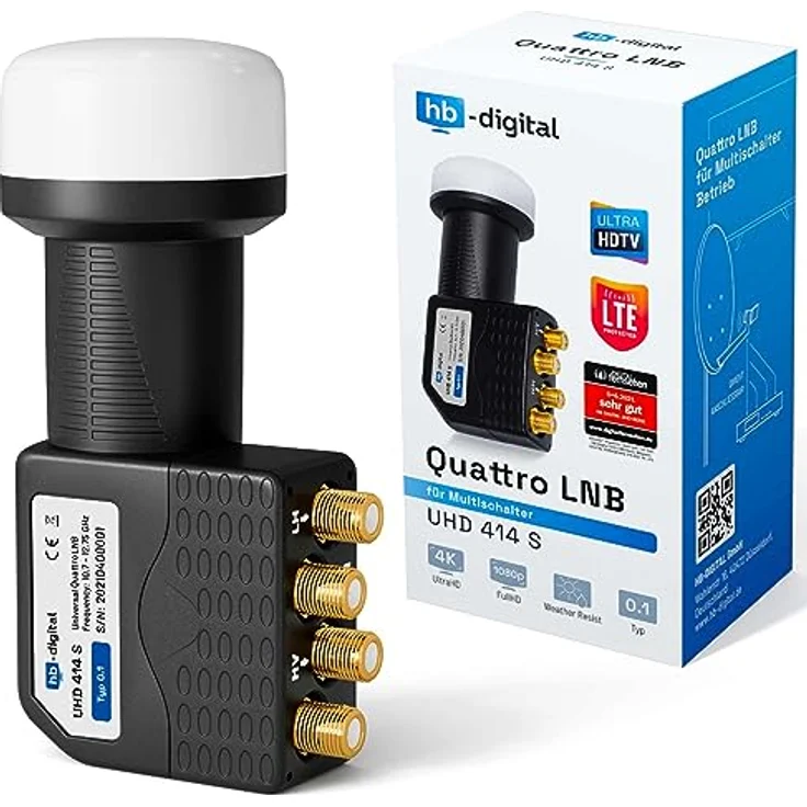 HB-DIGITAL Quattro LNB, Satelliten LNC Kopf für Multischalter, LTE Protected, Full HD 3D 4K UHD, vergoldete Kontakte, wetterfest, Schwarz – Bild 1