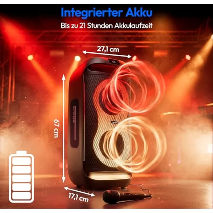 MEDION PE-2 Plus Partybox, tragbarer Bluetooth Lautsprecher mit 2 x 30 Watt RMS, 21,5 Stunden Akkulaufzeit, Mikrofon, Karaoke-Funktion und verschiedene Lichteffekte – Bild 2