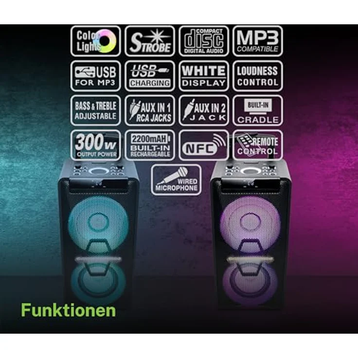 MUSE M-1920 DJ PA-Anlage mit Akku, 300 Watt, mit CD, Bluetooth und Licht-Effekten (USB, AUX, Mikrofon, Fernbedienung), schwarz – Bild 6