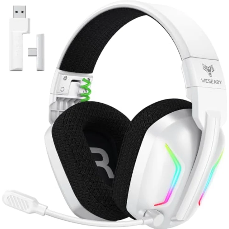 WESEARY Gaming Headset Wireless mit Mikrofon, 60 Stunden Akkulaufzeit, Stereo-Sound, RGB-Beleuchtung für PS5 PS4 PC Switch Mac – Bild 1