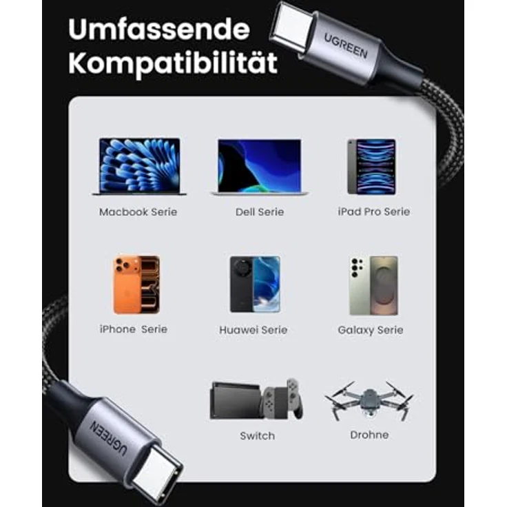 Ugreen USB Type C Kabel US261, 1 m, 60 W, 3 A, Quick Charge, 480 Mbps, schwarz-grau – Bild 7