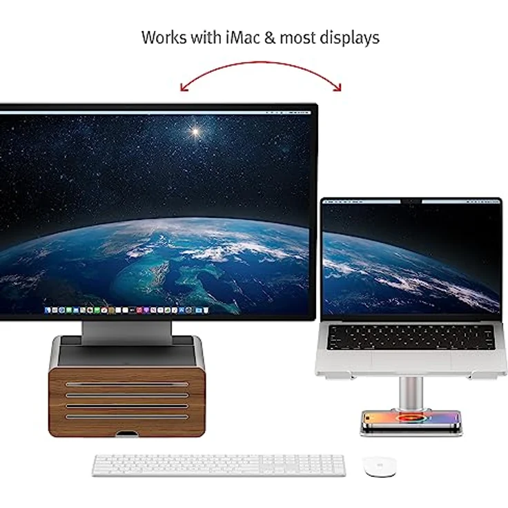 Twelve South HiRise Pro für iMac/Displays/Monitore | Höhenverstellbarer Ständer mit Stauraum, umkehrbarer Front + Ledereinlage (Silber) – Bild 3