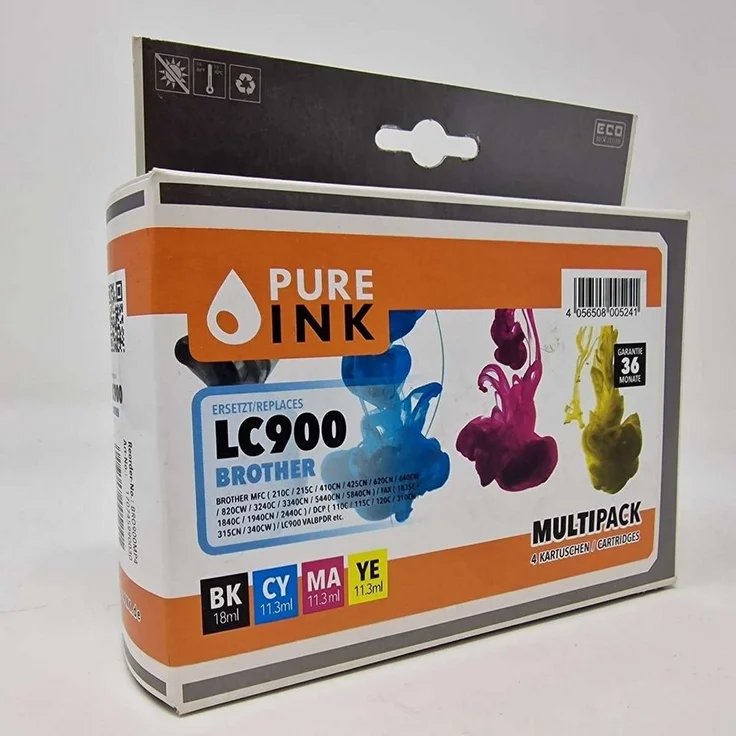 Pure Ink 4er Multipack Tintenpatronen, kompatibel mit Brother LC-900, 1x schwarz 18 ml, 1x cyan 11,3 ml, 1x magenta 11,3 ml, 1x gelb 11,3 ml