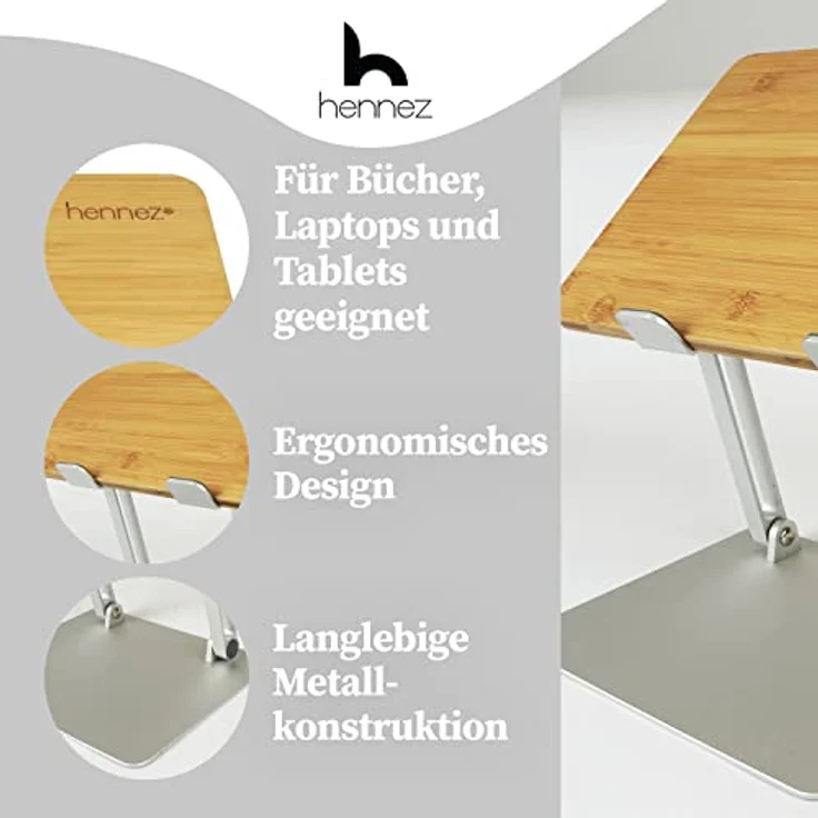 HENNEZ Laptop Ständer Holz höhenverstellbar, ergonomische Notebook Halterung mit Anti-Rutsch-Funktion, klappbar und stabil, universelle Größe für MacBook und iPad – Bild 4