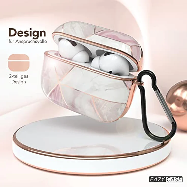 EAZY CASE AirPods Pro Hülle Pink Hard Case Stoßfest mit Karabiner Rosé Marmor Design, rutschfest und antikratz - für Airpod Pro 1. Generation – Bild 2