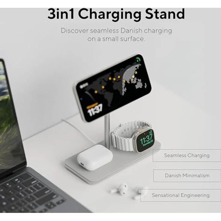 LINQ Connects ProCharge 3in1, Wireless Charger für iPhone, Apple Watch und AirPods, 15 W Schnellladung, Weiss, Silber – Bild 2