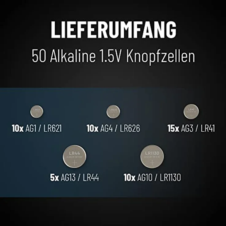 ABSINA 50er Pack Alkaline Knopfzellen Sortiment - 10x AG1 / 15x AG3 / 10x AG4 / 10x AG10 / 5X AG13-1,5V Batterie Sortiment - gemischt, auslaufsicher - Batterien Set von ABSINA – Bild 4