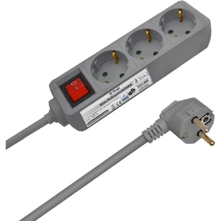 Bahama Warenvertriebs GmbH 35962 Steckdosenleiste 3-fach, mit Ein/Aus Schalter, Überlastschutz, Kindersicherung, kompakte Bauform, Grau, Kabellänge 1.4 m