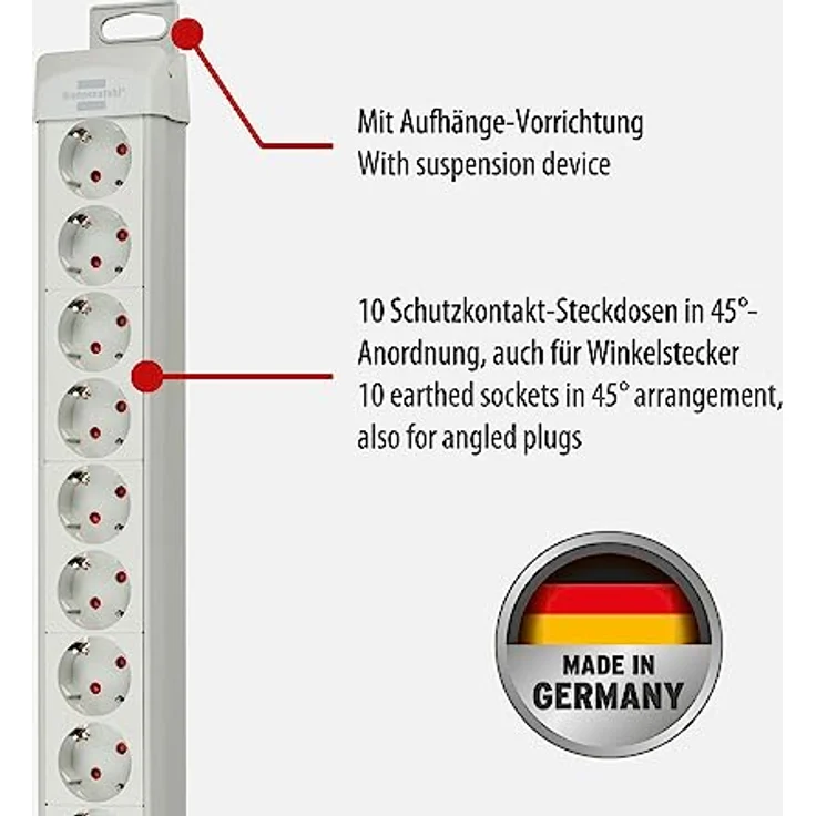 Brennenstuhl Premium-Line, Steckdosenleiste 10-fach (Steckerleiste mit Schalter und 3m Kabel- 45° Winkel der Schutzkontakt-Steckdosen, Made in Germany) grau – Bild 2