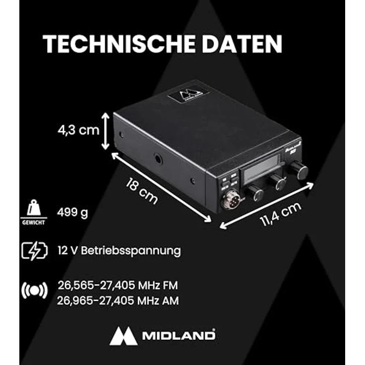 Midland CB-Fahrzeugfunkgerät MIDLAND 18, 4 W Leistung, digitales Rauschsperrensystem, mehrfarbiges Display, Zigarettenanzünderanschluss – Bild 2