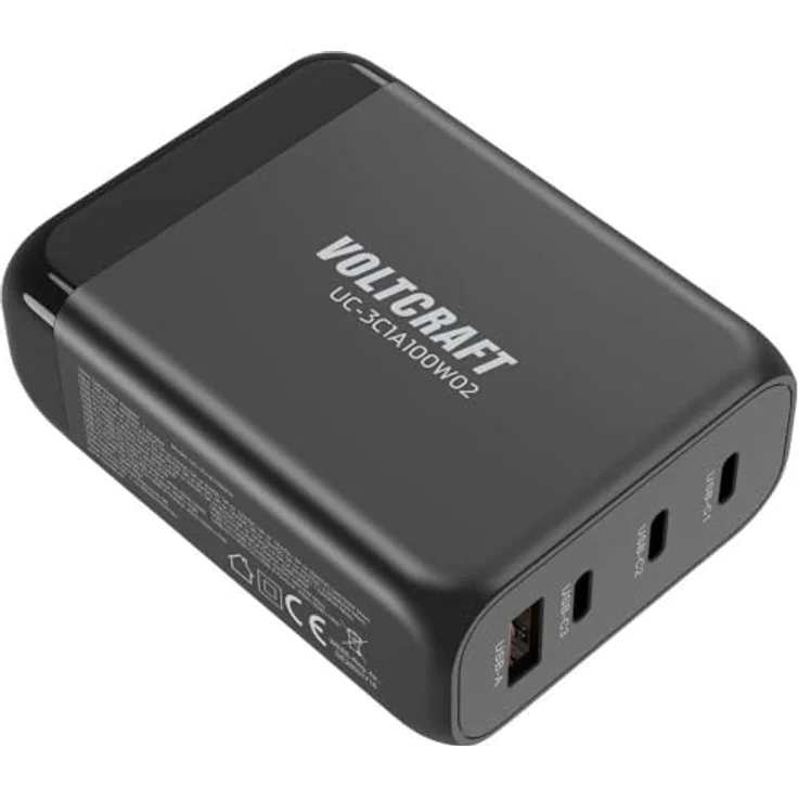 Voltcraft UC-3C1A100W02 USB-Ladegerät 100 W Innenbereich USB-C, USB-A 4 x GaN, USB Power Delivery (US), Schnellaufladung mit PD3.0 Unterstützung, Max. 100 W, 3 x USB-C 1 x USB-A, abnehmbares langes Stromkabel, unterstützt gleichzeitiges Aufladen mehrerer Geräte – Bild 2