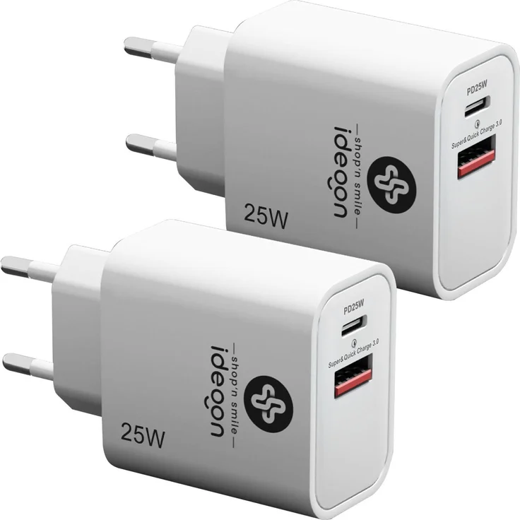 ideoon 2er-Set Dual 25Watt USB Ladegerät, 1x USB-C mit PD & 1x USB-A mit Quick Charge, weiss, für schnelles Laden von iPhone, Samsung, Huawei, Xiaomi
