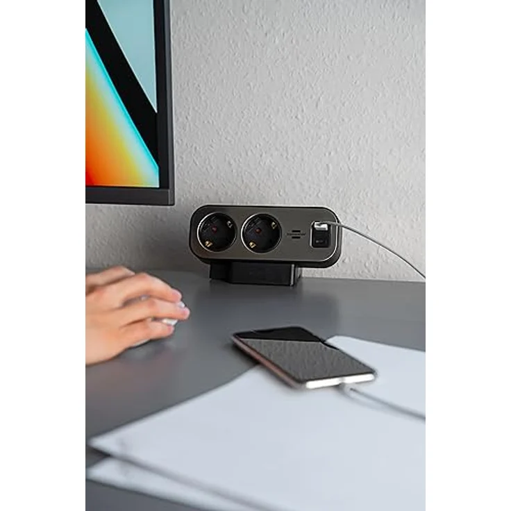 Brennenstuhl estilo Duplex Tischsteckdosenleiste mit Schalter und Überspannungsschutz (USB C Power Delivery, 9x Schutzkontakt-Steckdosen, 2m) silber/schwarz – Bild 5