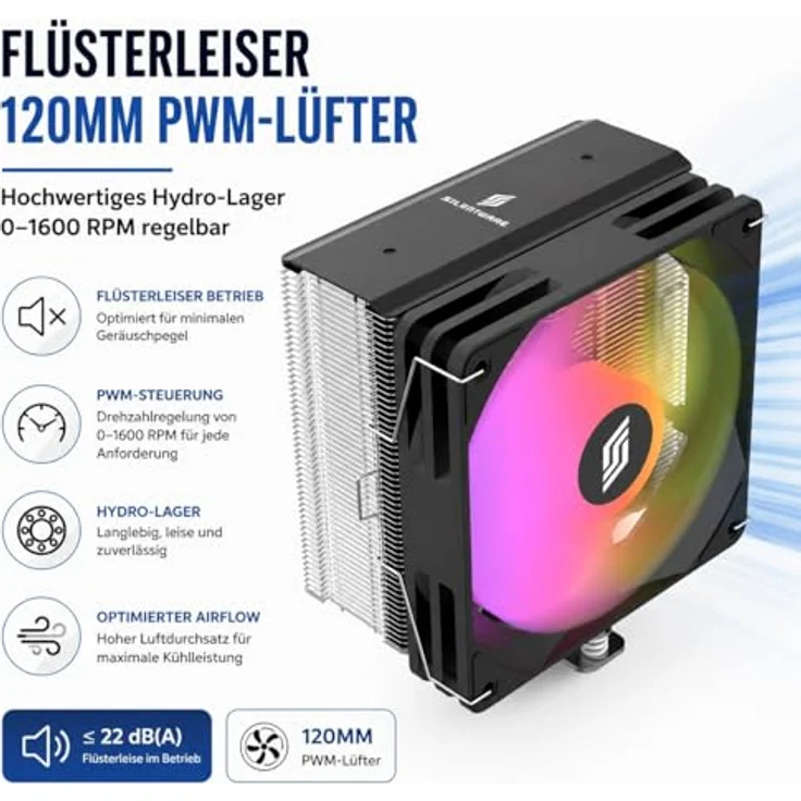 Silentware CPU Kühler Bora RGB, 5 Heatpipes, 120mm PWM A-RGB Lüfter, Kompatibel mit LGA 115X/1200/1700/1851 und AM4/AM5, bis 215W TDP – Bild 4