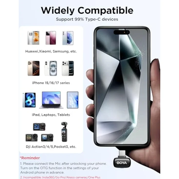 Boya Mini 2-02 (Black), drahtloses Mikrofonsystem mit 1x RX USB-C und 2x TX, ideal für Vlogging und Interviews – Bild 6