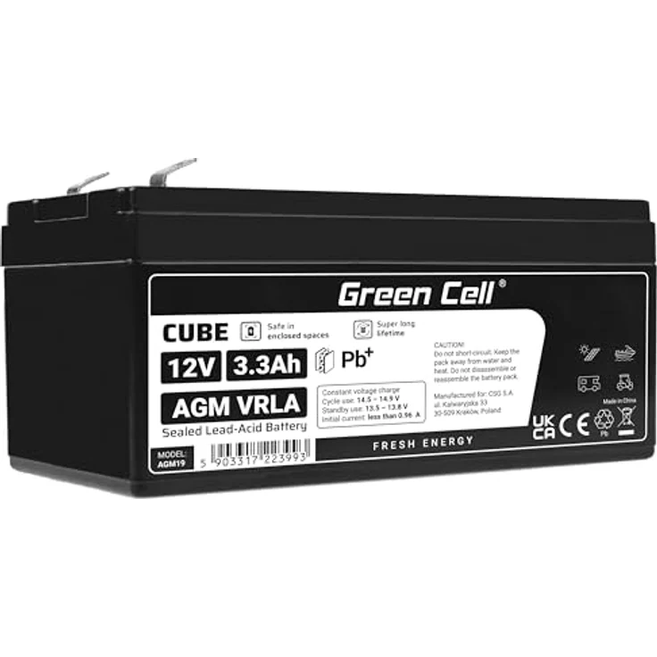 Green Cell 12V 3.3Ah VRLA AGM Akku mit Faston 187 Anschluss, wiederaufladbar – Bild 1
