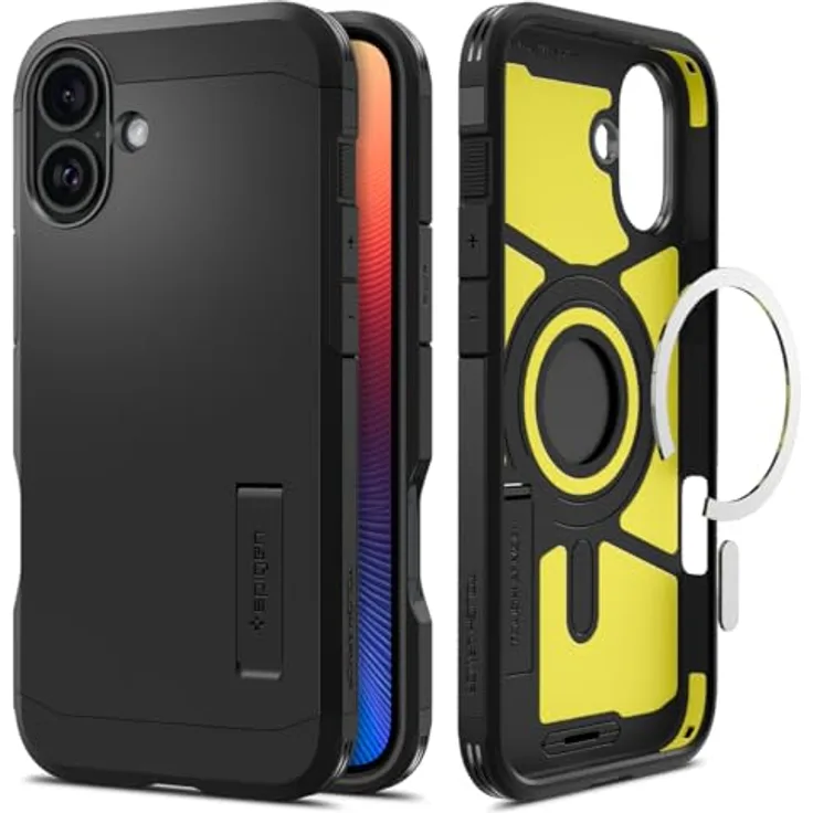 Spigen Tough Armor (AI) MagFit Hülle für iPhone 16 - Schwarz, Integrierter Kickstand und Magnet für MagSafe Zubehör