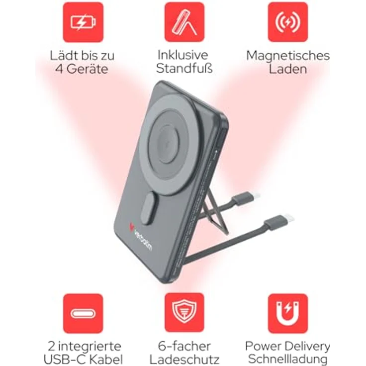 Verbatim Charge 'n' Go 2C Powerbank, 5000mAh, kabelloses Laden mit Ständer, grau – Bild 3