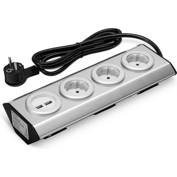 Navaris Küchensteckdose 3-fach mit USB - Edelstahl Steckdosenleiste (Kabellänge 28,60 m)