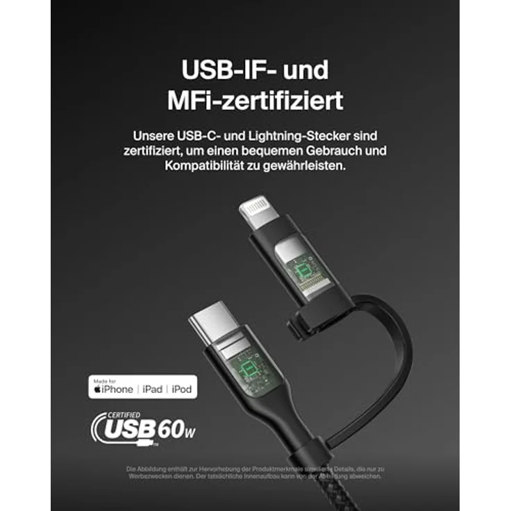 Belkin BoostCharge Pro, Multifunktions-USB Kabel 2-in-1 mit USB-C und Lightning Connector, 1,5m, Schwarz, 60W Schnellladung, Datenübertragung bis 480 Mbps – Bild 3