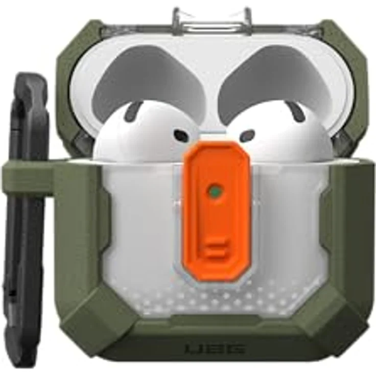 URBAN ARMOR GEAR Plasma Case für die Apple AirPods 4 Hülle [2024] (Magnetisch, Wireless-Charging kompatibel/Status LED sichtbar, Abnehmbarer Karabinerhaken) Olive/transparent – Bild 2