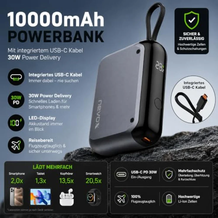 Nevox POWERBANK 10000mah mit integriertem USB-C Kabel 10000mAh PD-30W spacegrau – Bild 2