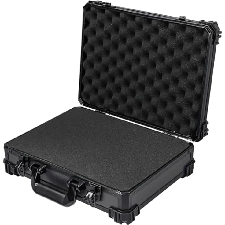 HMF 15502-02 Transportkoffer mit Rasterschaumstoff, Universalkoffer für sensible Geräte, 39 x 29 x 12 cm, Schwarz – Bild 1