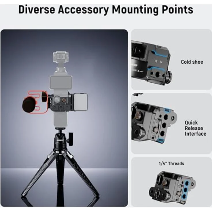 NEEWER Pocket 3 Käfig & Action Kamera Adapter, Aluminiumlegierung Gimbal Rig mit 1/4" Gewinde Cold Shoe, kompatibel mit DJI Osmo Pocket 3 & Action 2 Magnetic Mount, AC009 PRO – Bild 4
