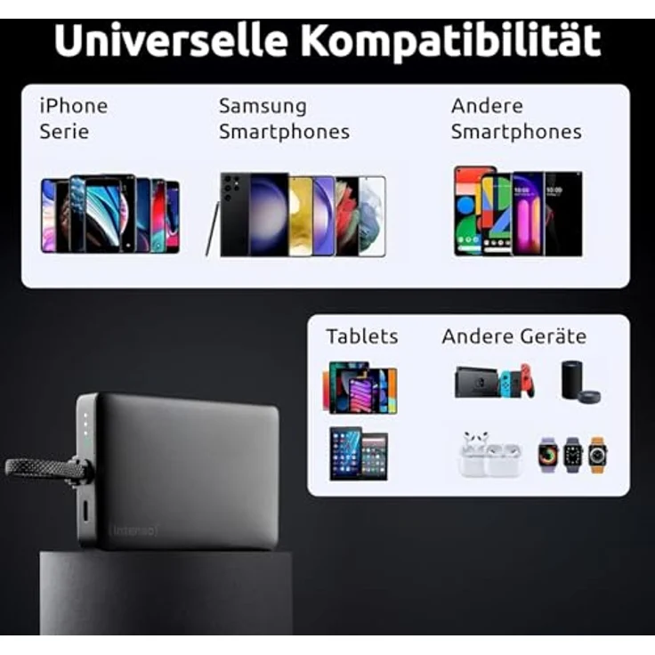 Intenso MC10000 Powerbank, 10.000 mAh mit magnetischer Rückseite, integriertem USB-C Kabel, ultraschnelles Laden PD 3.0 (20W), grau, geprüft in Deutschland – Bild 4