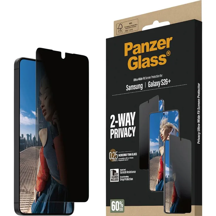 PanzerGlass Displayschutzglas mit Blickschutz für Samsung Galaxy S26+, 2-Wege-Privacy, Anti-Fingerprint, Ultra-Wide Fit, einfache Installation