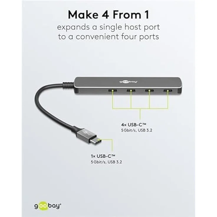 goobay USB C 3.2 Hub, 4xUSB-C Anschluss, SuperSpeed-Datenraten bis 5 Gbit/s, kompatibel mit Windows/Linux/macOS, kompakt und tragbar - 79160 – Bild 3