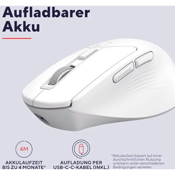 Trust Niven Kabellose Maus, Bluetooth & 2.4GHz, Leise Tasten, Wiederaufladbar, 800-3200 DPI, 50% Recyclingkunststoff, Weiß – Bild 4