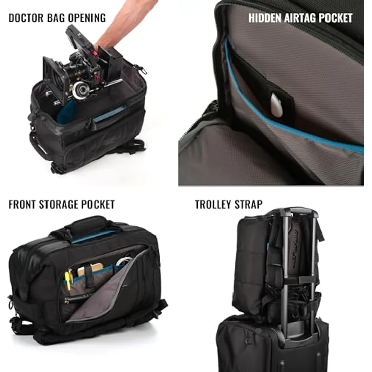 Tenba Cineluxe 16 (V2) Fotorucksack, schwarze Kameratasche für professionelle Camcorder und Kinokameras, mit schnell zugänglichem Mittelreißverschluss und Trolley-Gurt. – Bild 4