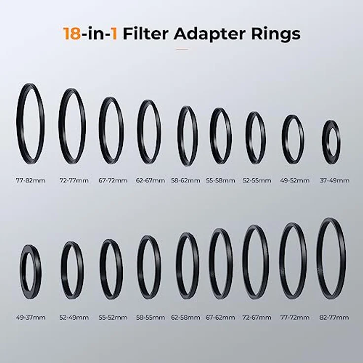 K&F Concept® 18 teiliges Filteradapter Set Kamera Objektiv Filter Metall Step Up Ringe 9er Step Down Ringe Set für Canon Nikon Sony Sigma Tamron Schwarz – Bild 3