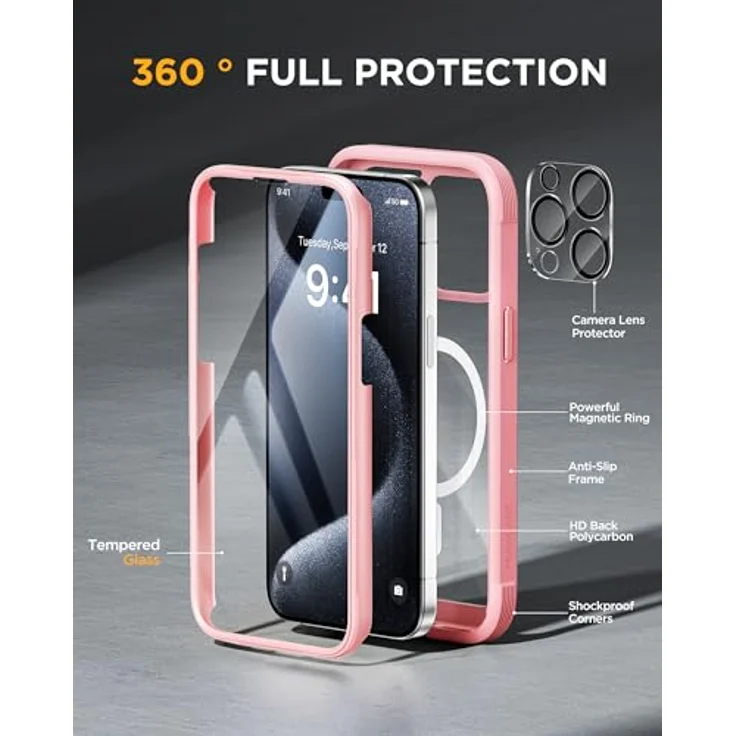 miracase Vollschutzhülle für iPhone 15 Pro, Magsafe, 360° Ganzkörperschutz, 9H-Displayschutz, Rosa – Bild 2