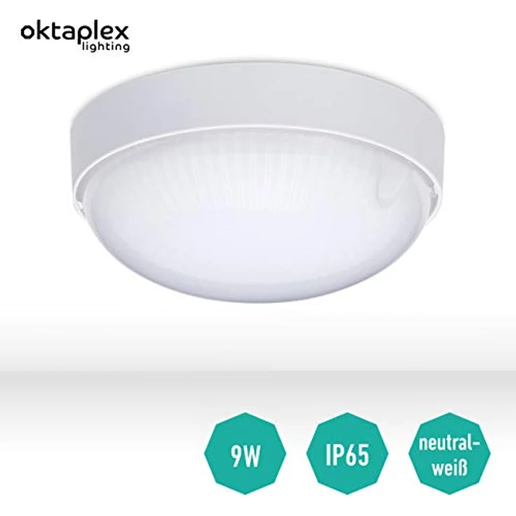 Oktaplex LED Kellerlampe IP65 Badlampe weiß 9W 800lm 4000K Deckenleuchte Wasserfest Außenleuchte – Bild 2