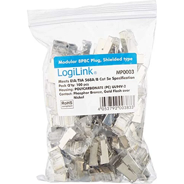LogiLink RJ45 Stecker für Rundkabel, Kat.5e, geschirmt Modularstecker 8P8C für Rundkabel, vergoldete Kontakte, in Polybag beinhaltet: 100 Stück (MP0003) – Bild 2