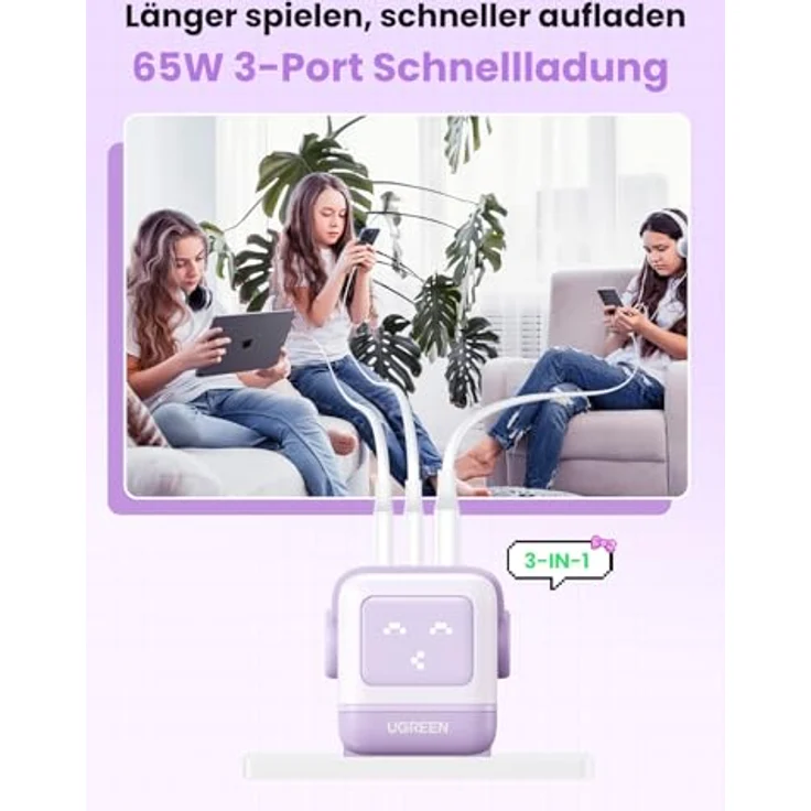 Ugreen Nexode RG (65 W), USB Ladegerät mit 2 USB-C- und 1 USB-A-Anschluss, Weiss und Violett, GaN-Technologie mit LED-Anzeige – Bild 4