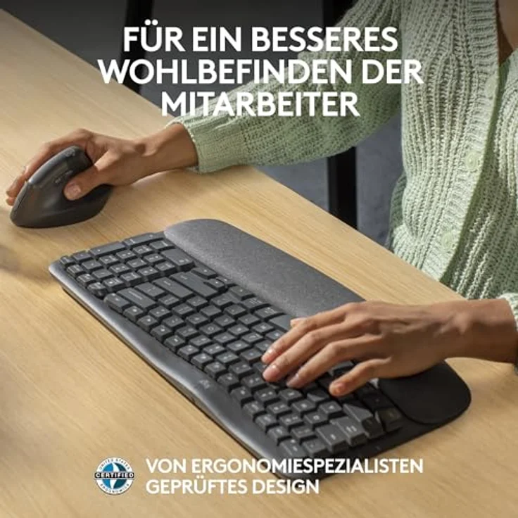 Logitech Wave Keys for Business, kabellose ergonomische Tastatur mit gepolsterter Handballenauflage, sichere Logi Bolt Technologie, Bluetooth, kompatibel mit Windows/Mac/Chrome/Linux – Grafit – Bild 2