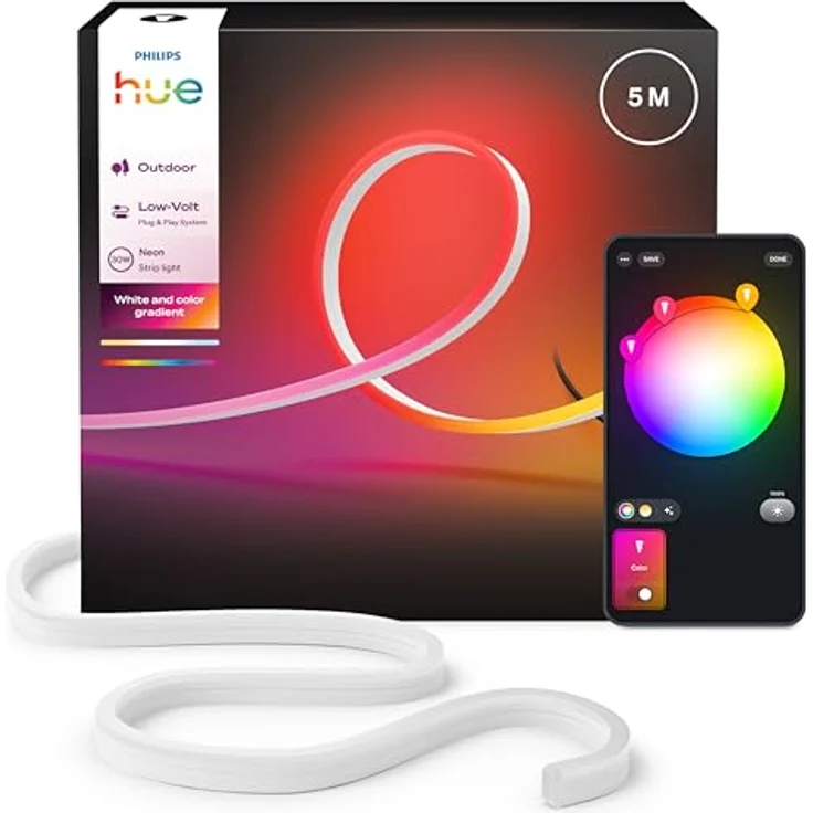 Philips Hue Neon Outdoor 5-Meter LED-Lightstrip, 1100 lm, Mehrfarbige flexible Außenbeleuchtung, Wetterfest, App- und Sprachsteuerung