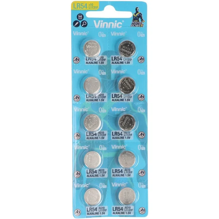 VINNIC 10 Stück Knopfzelle AG10, LR54, L1131F, LR1130, 189, RW89 Knopfzelle - Silber, 1,5 Volt, 65mAh, 10 Stück, sehr geringe Selbstentladung